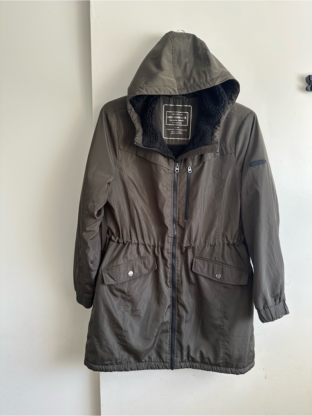 Lucky Brand Olive Hooded Field Jacket with Black Sherpa Trim